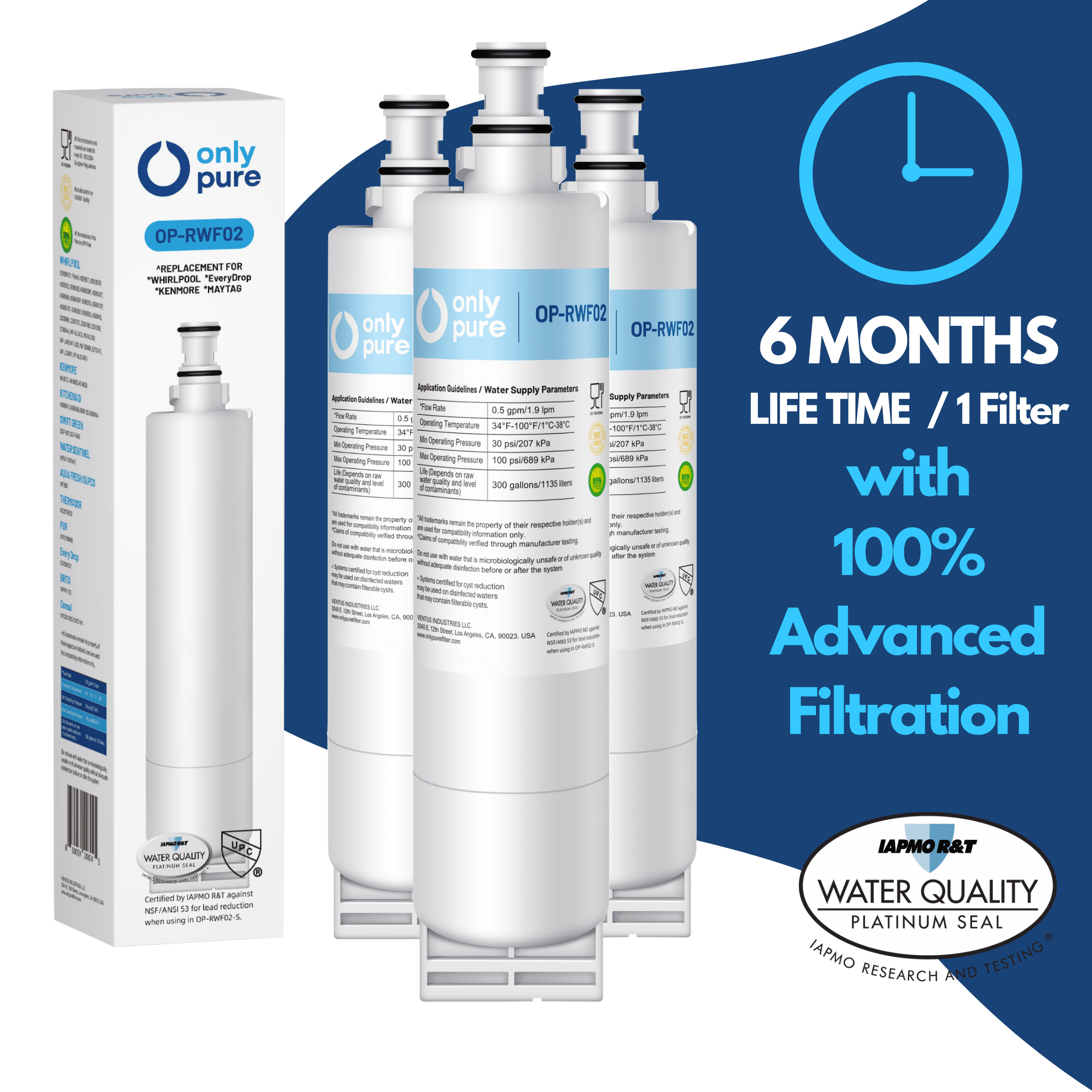 OP-RWF02 NSF53&42 Certified Refrigerator Water Filter,Compatible with Whirlpool 4396508, 4396510,Filter 5,EDR5RXD1,4392857,wf285,pnl240v,4396918,RWF0500A,9010,wf-nl300,wf-l500, 3PACK