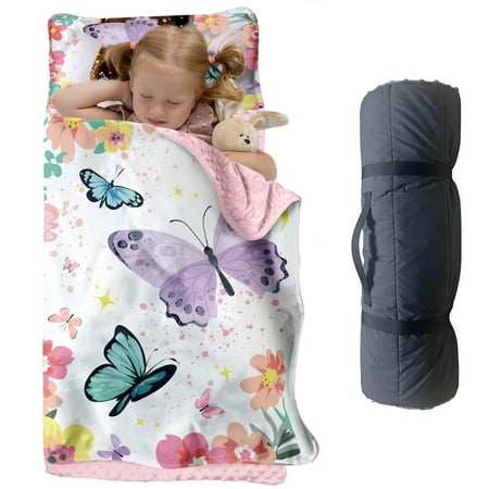 AOLOA Personalized Toddler Nap Mat With Pillow and Blanket for Preschool. Custom Name Sleep Mat for Kindergarten Girls Featuring Butterflies and Flowers.