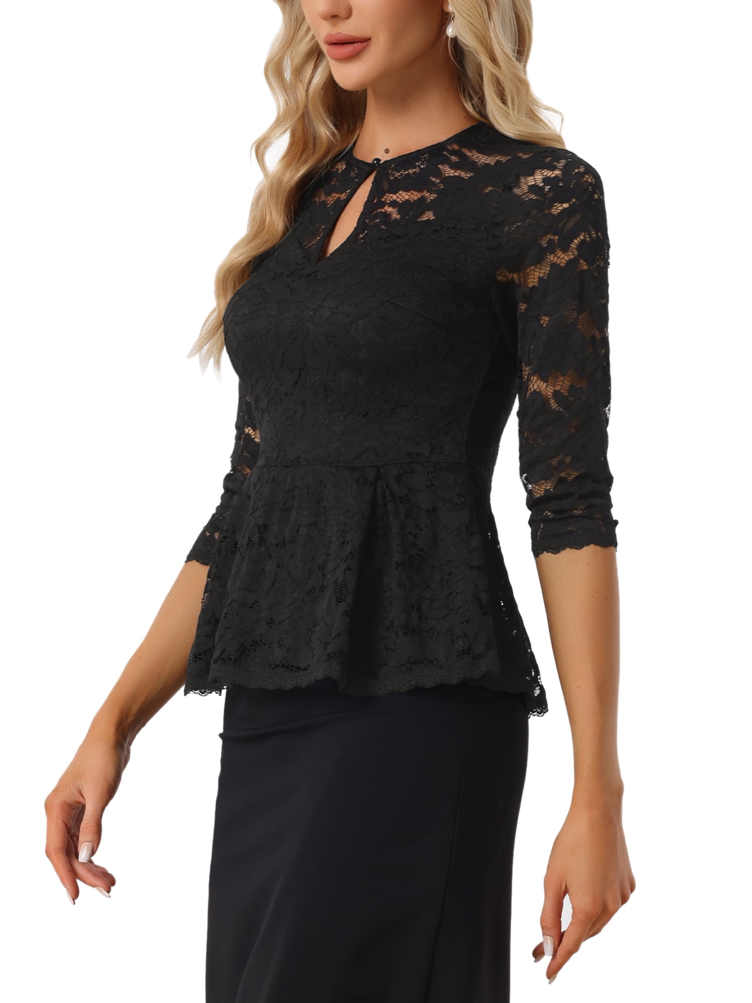 Unique Bargains Women's Lace Keyhole Front Sheer 3/4 Sleeve Peplum Blouse Top Black L