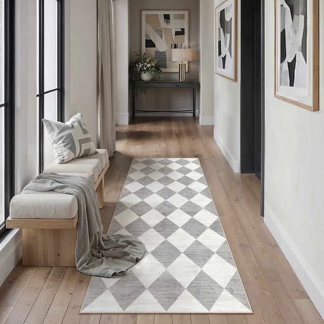 BERTHMEER 2'x6' Runner Rugs for Hallway Bathroom Bedroom Entryway Kitchen Non Slip Geometric Modern Rhombus Checkered Contemporary Washable Indoor Runner Rugs,Gray