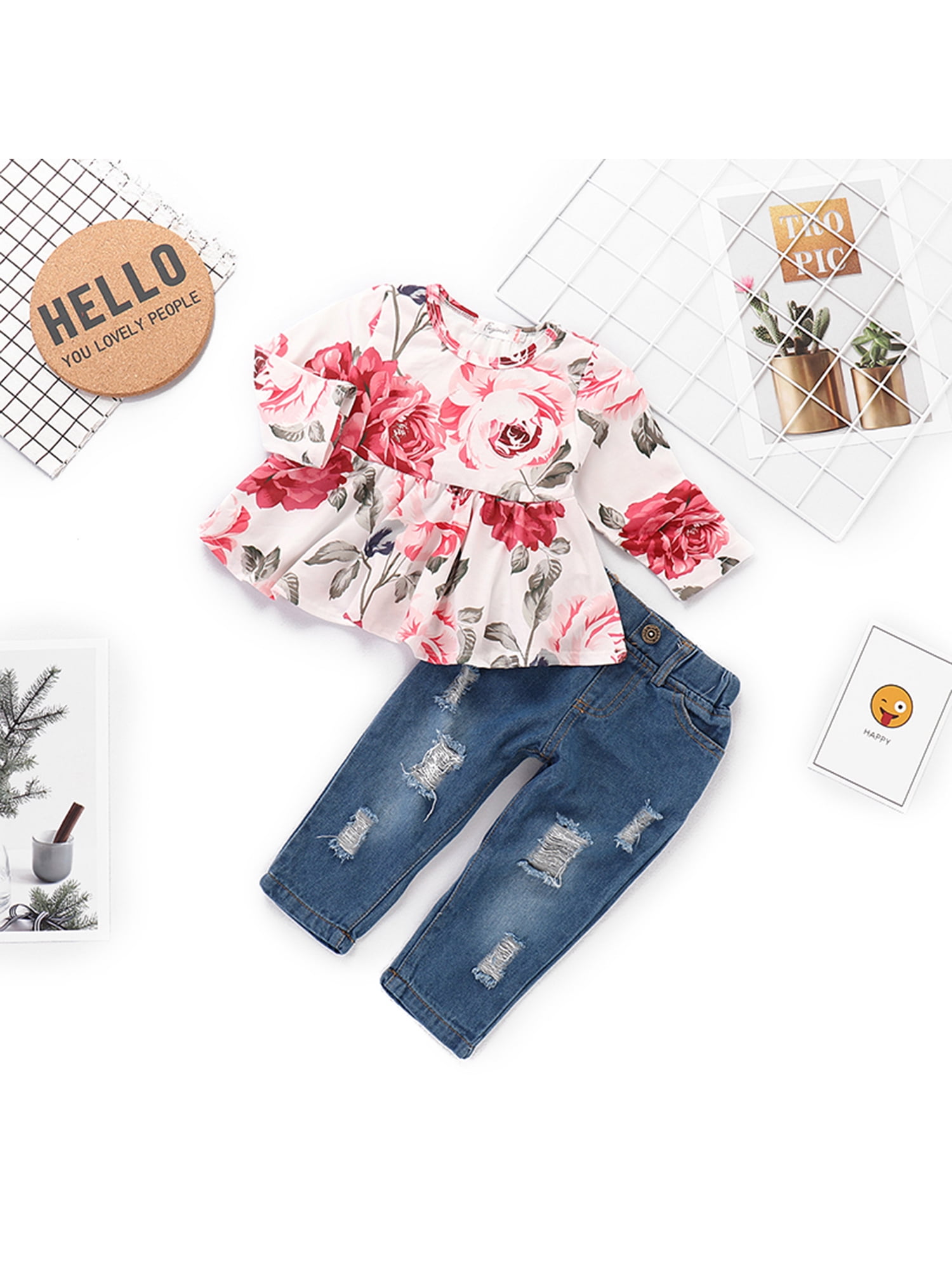 PatPat - 2-piece Sweet Floral Ruffle Long-sleeve Top and Jeans Set