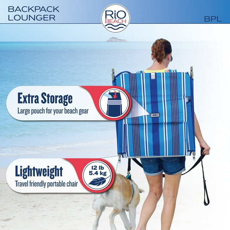 Rio Brands Portable Folding Beach Lounge Chair with Backpack Straps and Storage Pouch Blue Multi Stripe Walmart