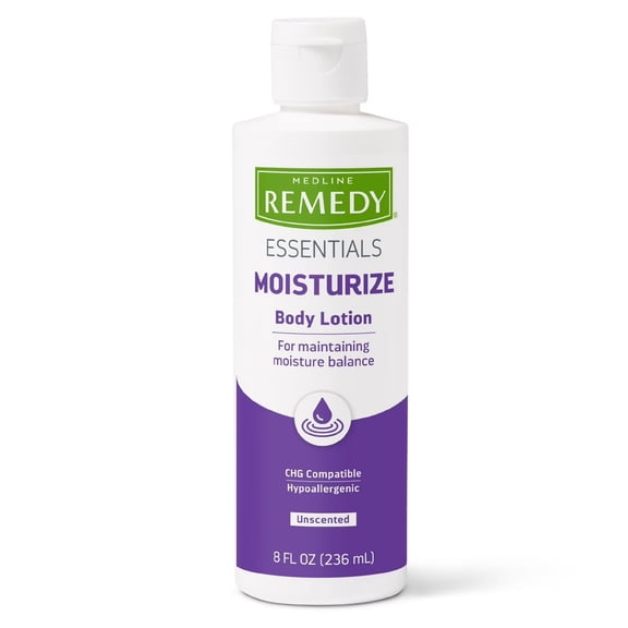 Medline Remedy Essential Moisturizing Body Lotion (8 oz Bottle), Unscented, Hydrating, Soothing for Dry Skin