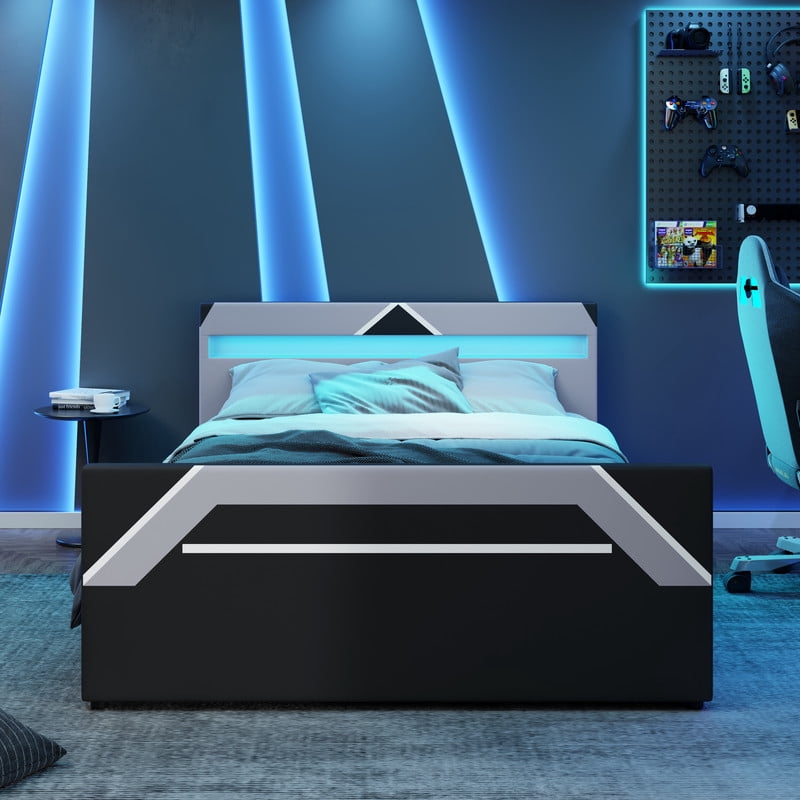 Queen Size Cyberpunk Style Low Profile Bed with LED Lighting Headboard, Hydraulic Storage Platform Bed Frame for Kids/Teens/Adults
