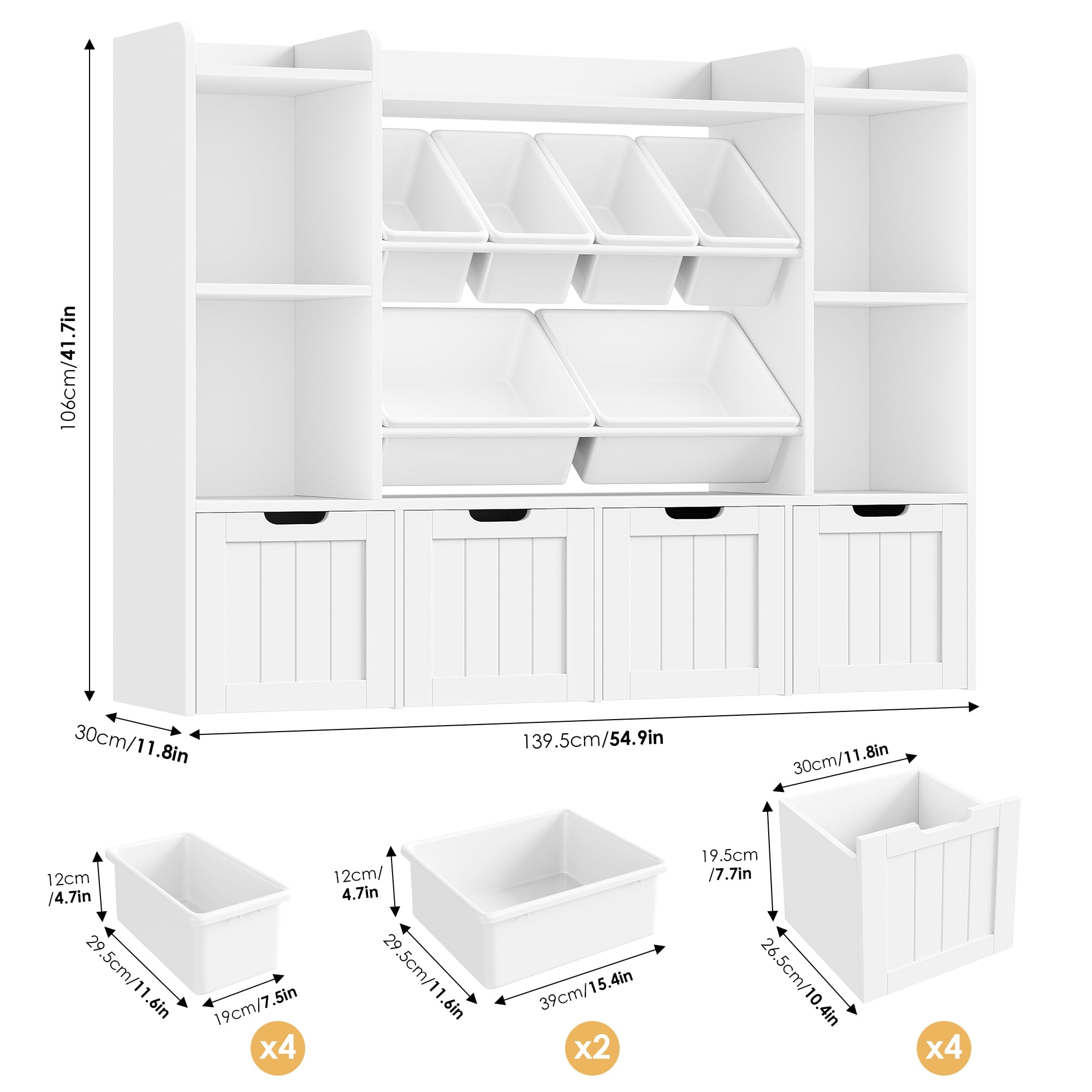 Hiphuta 3-tier 55"in Large Kids Bookcase with Toy Storage Organizer, Wood Toy Organizer of 6 Boxes & 4 Removable Drawers, White
