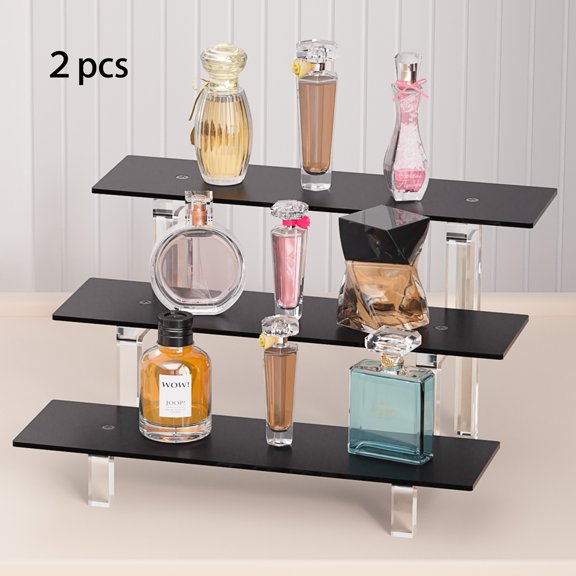 Hirchor Black Acrylic Display Shelf Riser, 3 Tier Desserts Holder, Perfume Display Stand, 2 pack Cupcake Display Risers Steps for Decoration, Collection, Makeup