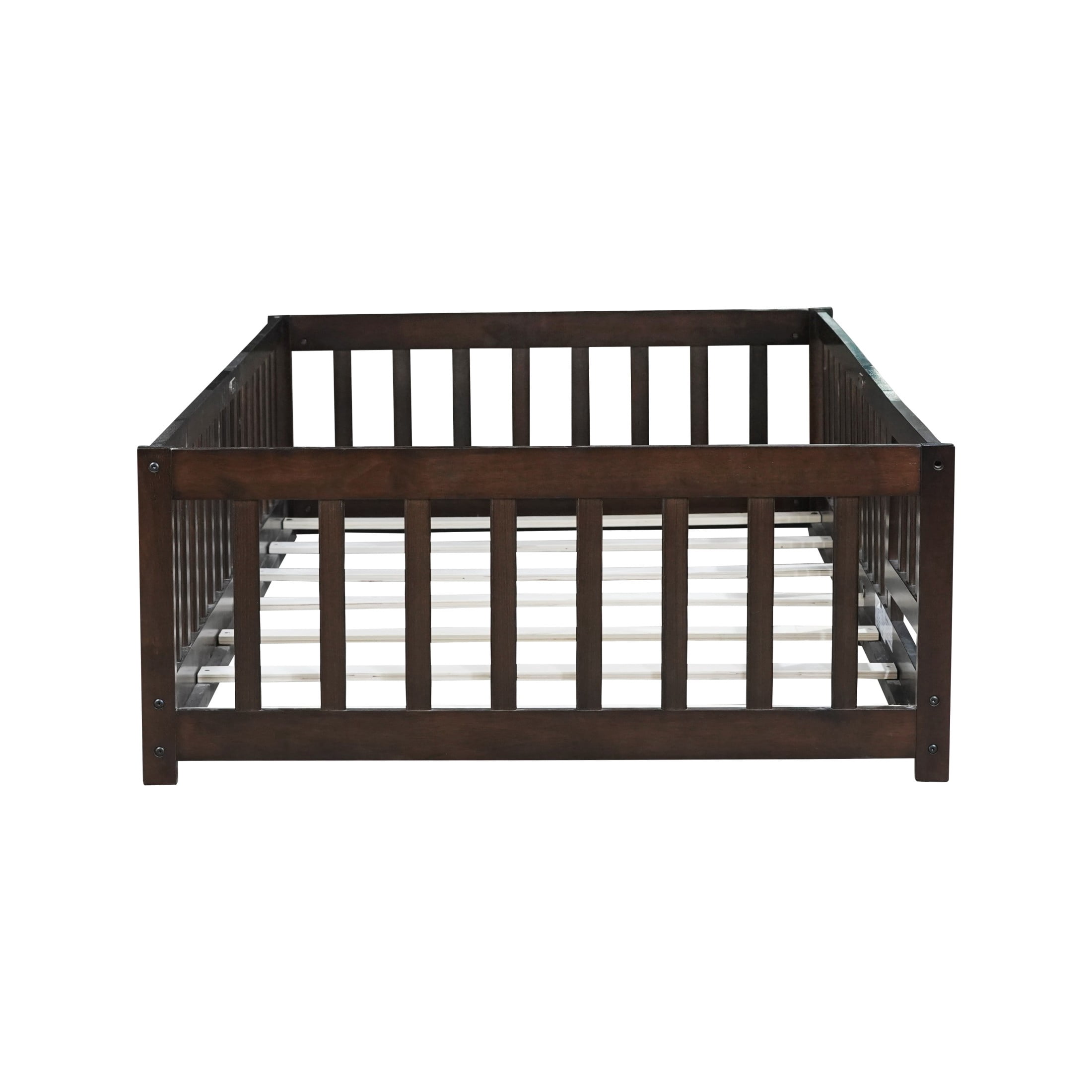 Noble House Twin Floor Bed with Safety Guardrails and Door, Rubber Wood Montessori Bed, Kid's Room, Espresso