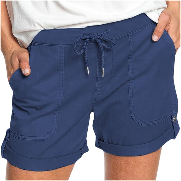AherBiu Shorts de Randonnée pour Femmes à Cordon, Taille Haute, Boutons, Ourlet Roulé, Short d'Été pour l'Extérieur, Couleur Unie