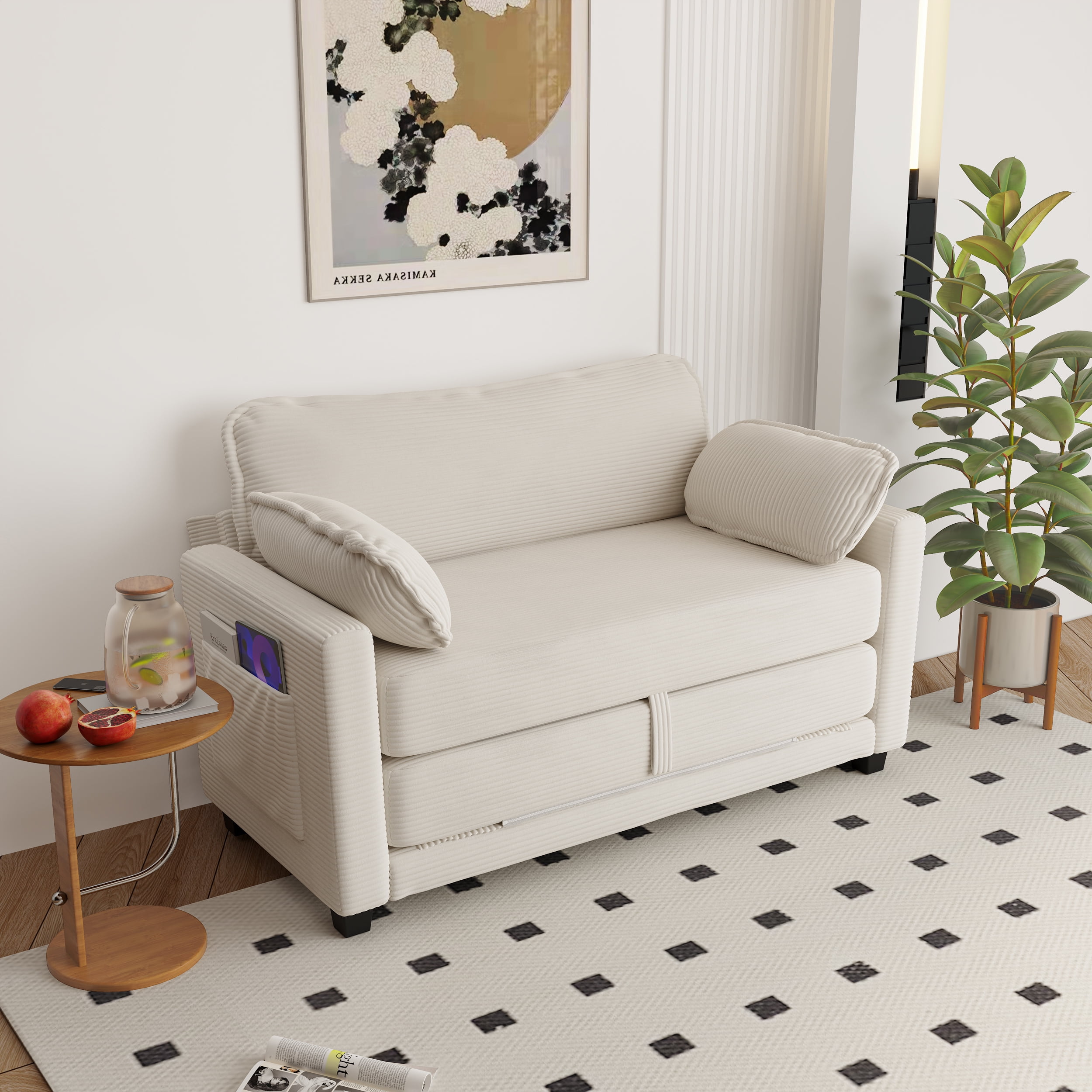 Convertible Sofa Bed, Loveseat Sleeper, 2-in-1 Sofa with Skin-Friendly Corduroy Fabric, Zero-Threshold Form Switch and Side Storage Pocket, for Small Space Living Room, Beige