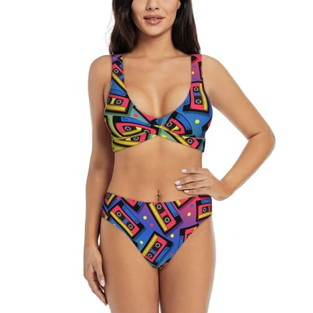 Zeuib Vintage Audio Cassettes High Waisted Tummy Control Bikini Set - Knot Front Push Up Top & Cheeky Thong Bottom  Two-Piece Swimsuit for Women-Medium