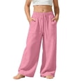 thumbnail image 2 of ITSAME Wide Leg Pants for Girls, Cotton Linen Elastic Waist Full Length Loose Casual Pants with Pockets Pink Size 13, 2 of 9