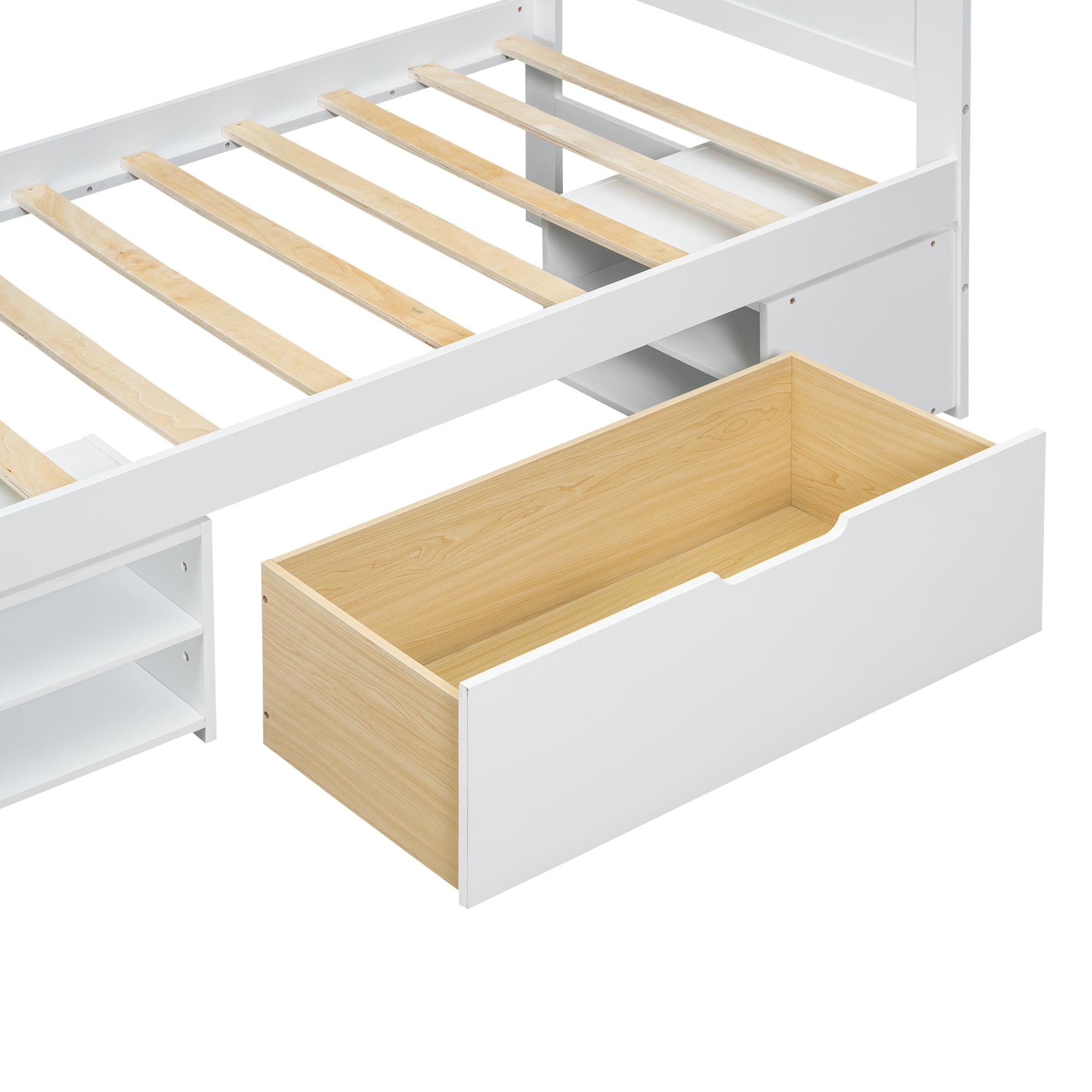 Yoneston Twin Platform Bed with Wheeled Drawer and Two Shelves, Kids Extra Easy-access Large Storage Space Bed Frame, White