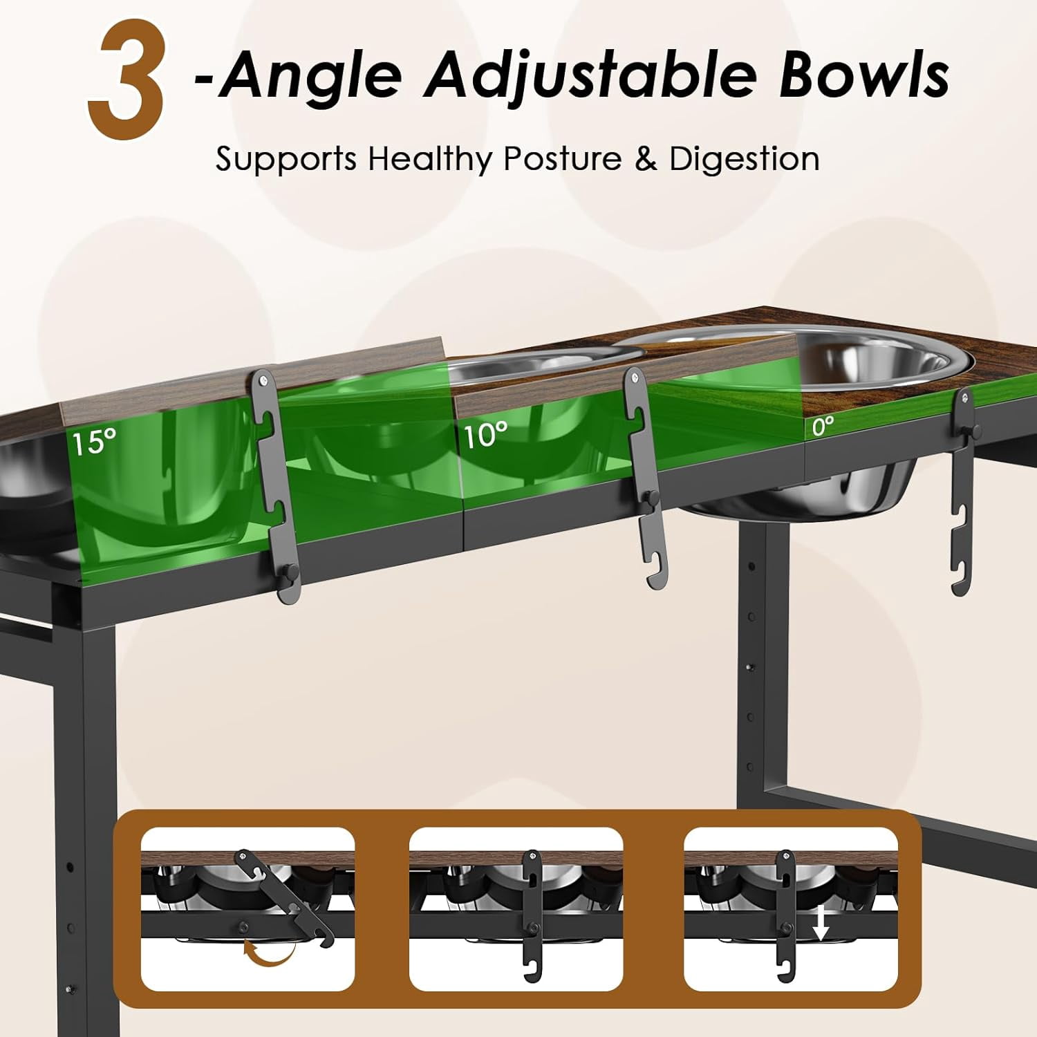 Flymer Adjustable Elevated Dog Bowls Stand for Large Dogs - 15'' to 20.5'' Height Triple Bowl Feeder with Wood Trays & Bowls (3500ML Capacity)
