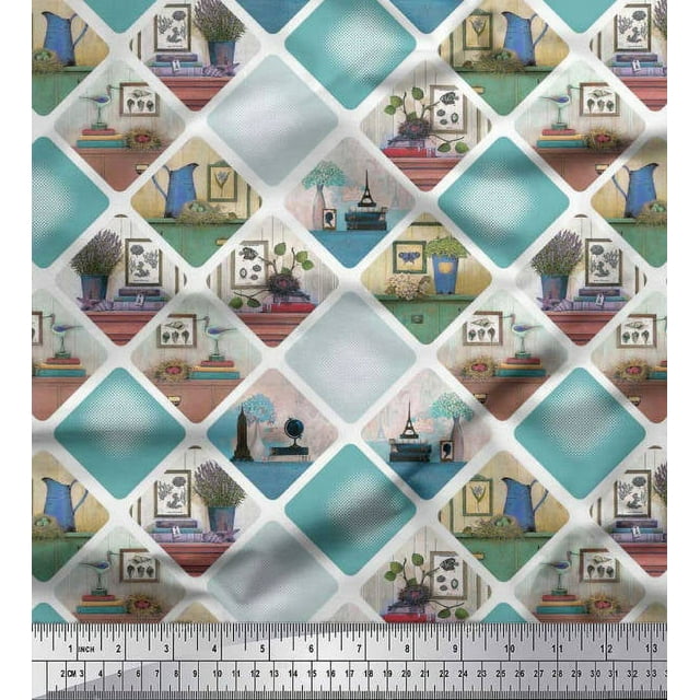 Soimoi Japan Crepe Satin Fabric Frame,Jug & Flower Pot Patchwork Print Fabric by The Yard 42 Inch Wide
