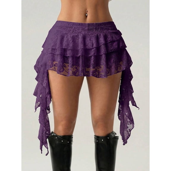 Purple Lace Tiered Ruffle Asymmetrical Mini Skirt With Built-In Safety Shorts