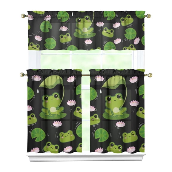 Farmhouse Kitchen Curtains 3PC Set - Green Frog & Floral Print Tier Curtains with Valance, Light Filtering Rod Pocket Short Curtains for Small Windows, Modern Rustic Decor