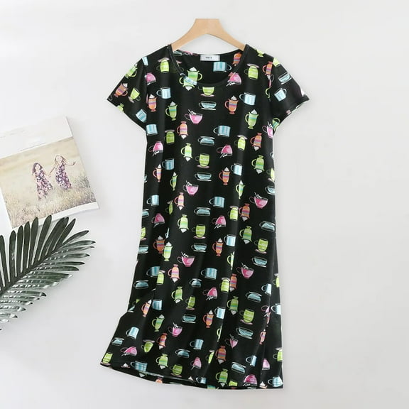 WCJM Black Women's Nightgown Women's Plus Size Cute Home Clothes Knitted Cotton Sweet And Short Sleeved Round Neck Pajamas