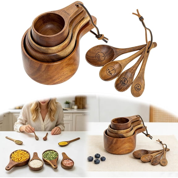 Wooden Measuring Cups and Spoons Set Solid Wood Stackable with Handle
