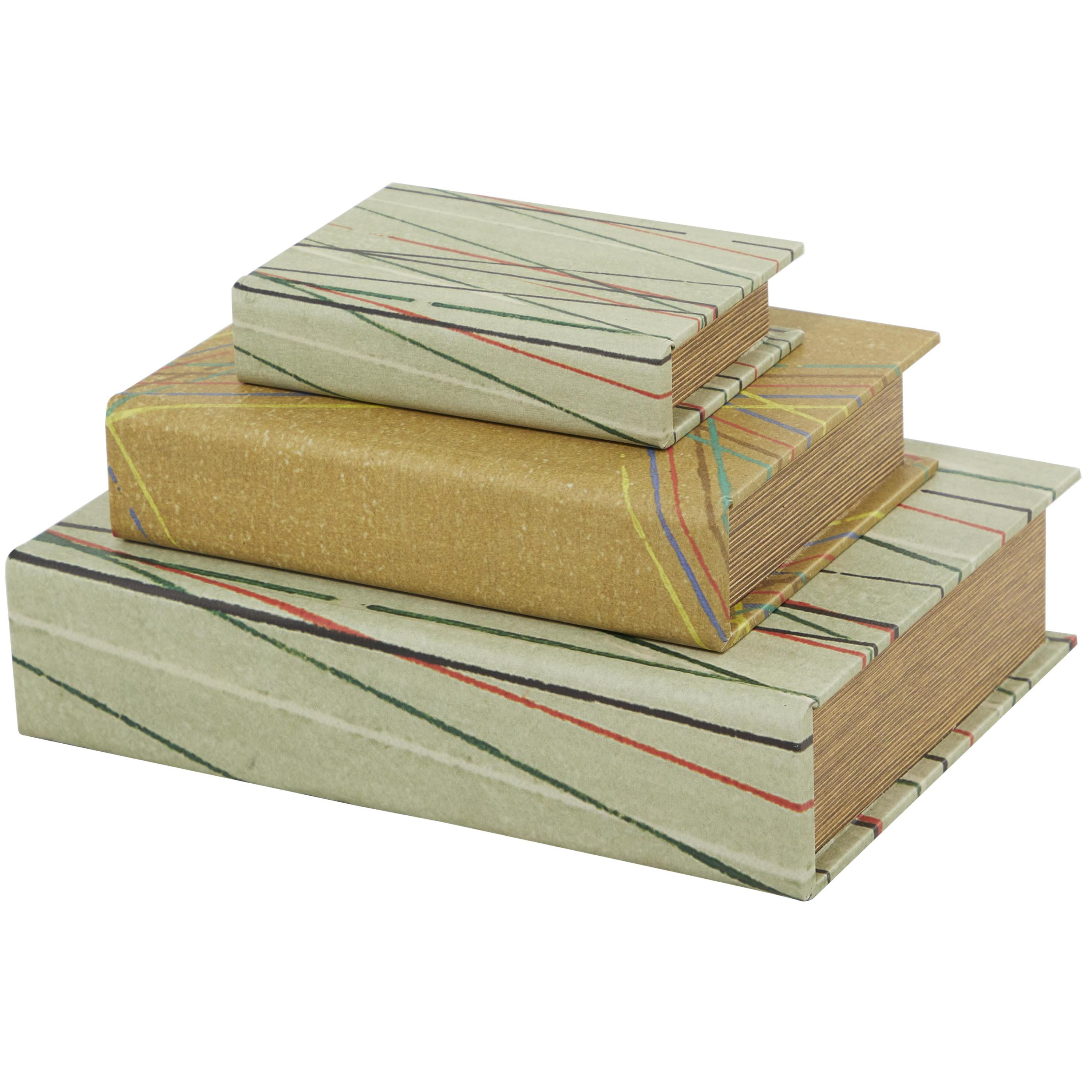 DecMode Faux Book Green Faux Leather Decorative Box with Varying Patterns, 3 Count