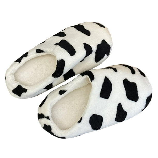 1 par de pantuflas con diseño de vaca, pantuflas cálidas para estudiantes, pantuflas suaves (negro, blanco)