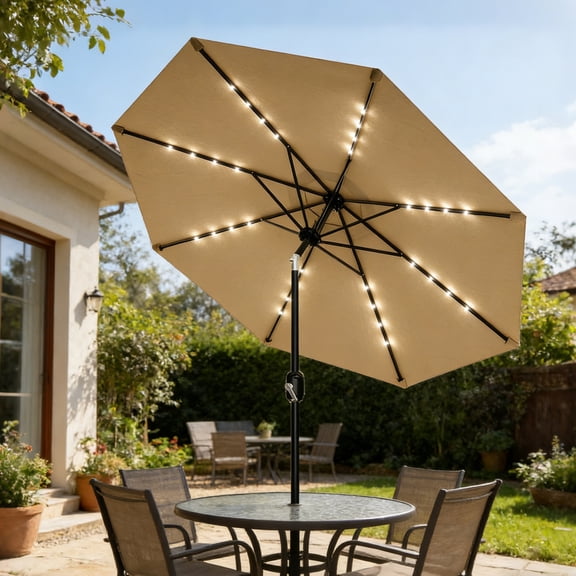 Emorefun 9ft Patio Umbrellas, Large Outdoor Umbrella with 32 Solar Powered LED Lights and Tilt & Crank Mechanism for Poolside, Deck, Tan