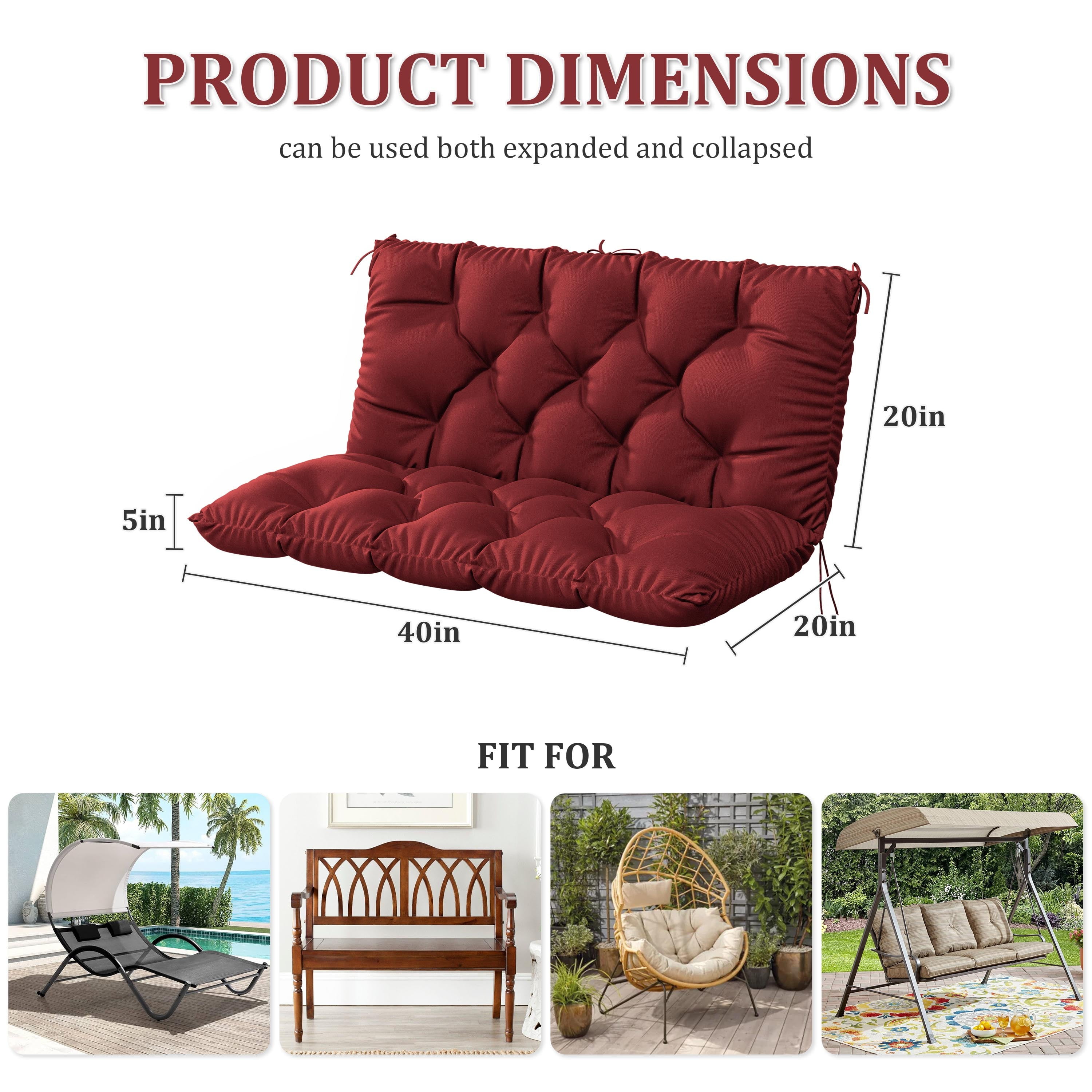 Kimunuk Outdoor Porch Swing Cushion, 40" X 40" X 5" Waterproof Bench Chair Replacement Cushion with 6 Ties for Patio, Burgundy