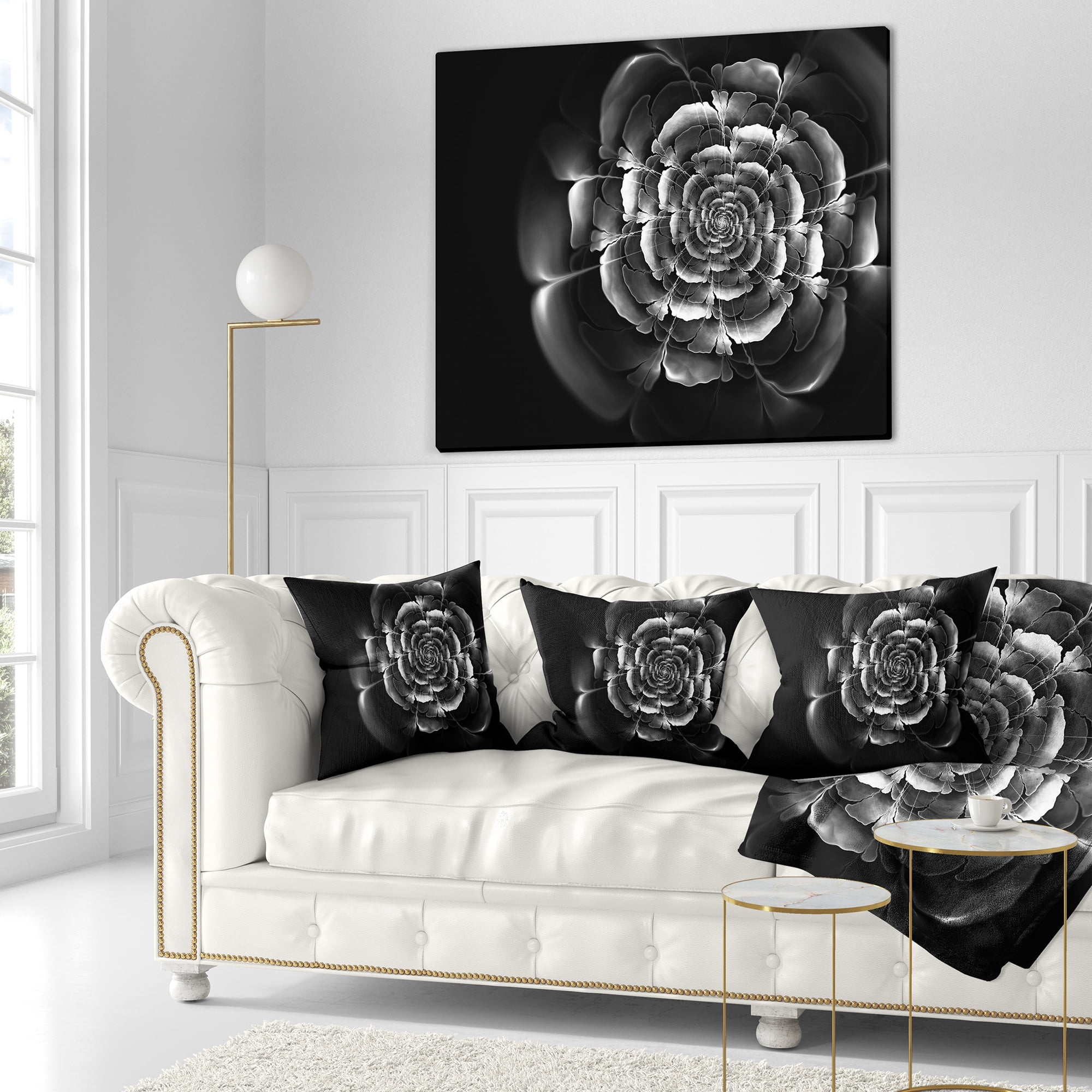 Designart Fractal Silver Rose in Dark - Floral Throw Pillow - 18x18