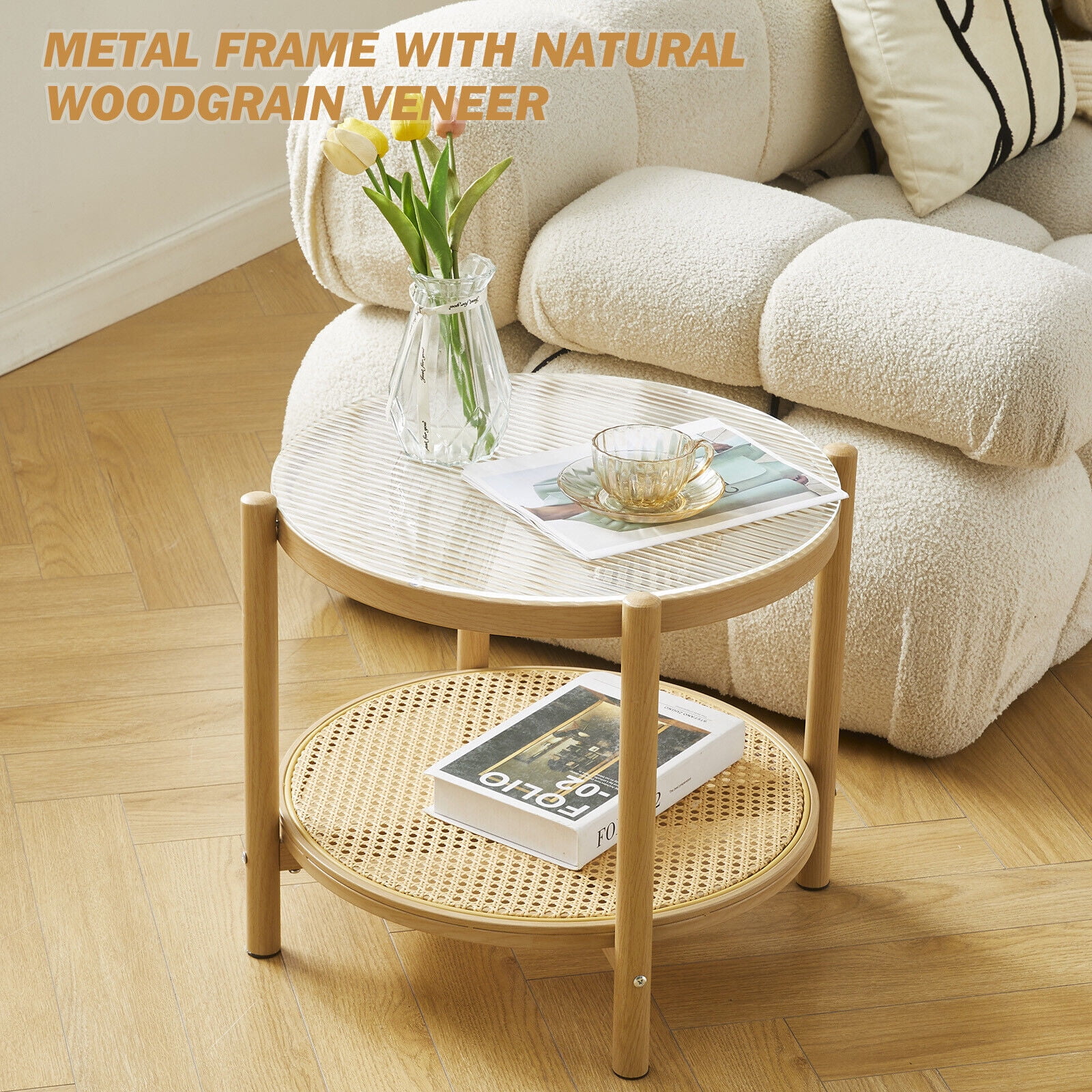 COSVALVE Set of 2 Round Rattan Coffee Tables 2-Tier Glass Metal Side End Table Bedroom Living Room