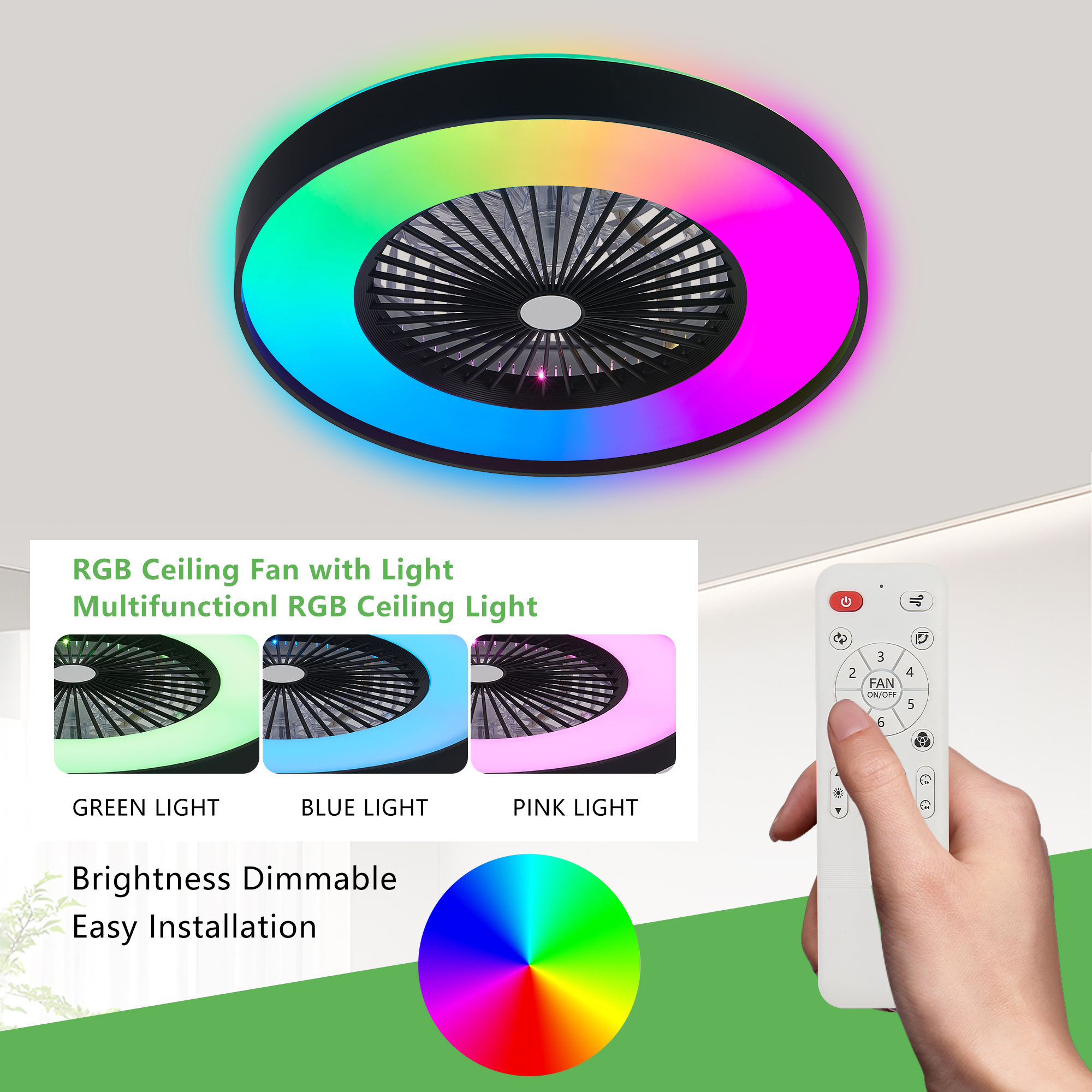 Leumius 23" Black Ceiling Fan Light with LED RGB, Dimmable & Color-Changing, APP & Remote Control, Modern Smart Ceiling Fan for Living Room Bedroom and Dining Room