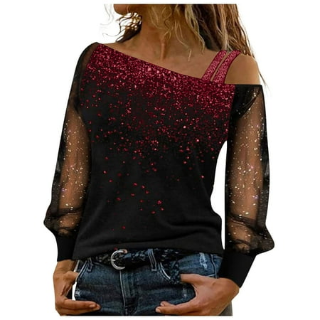 Outfmvch Sequin Tops for Women Corset Tops for Women Sparkly Tops for Women Women s Casual Gradient Sequin Print Mesh Long Sleeve Patchwork Top Blouses for Women Sparkly Top Red S