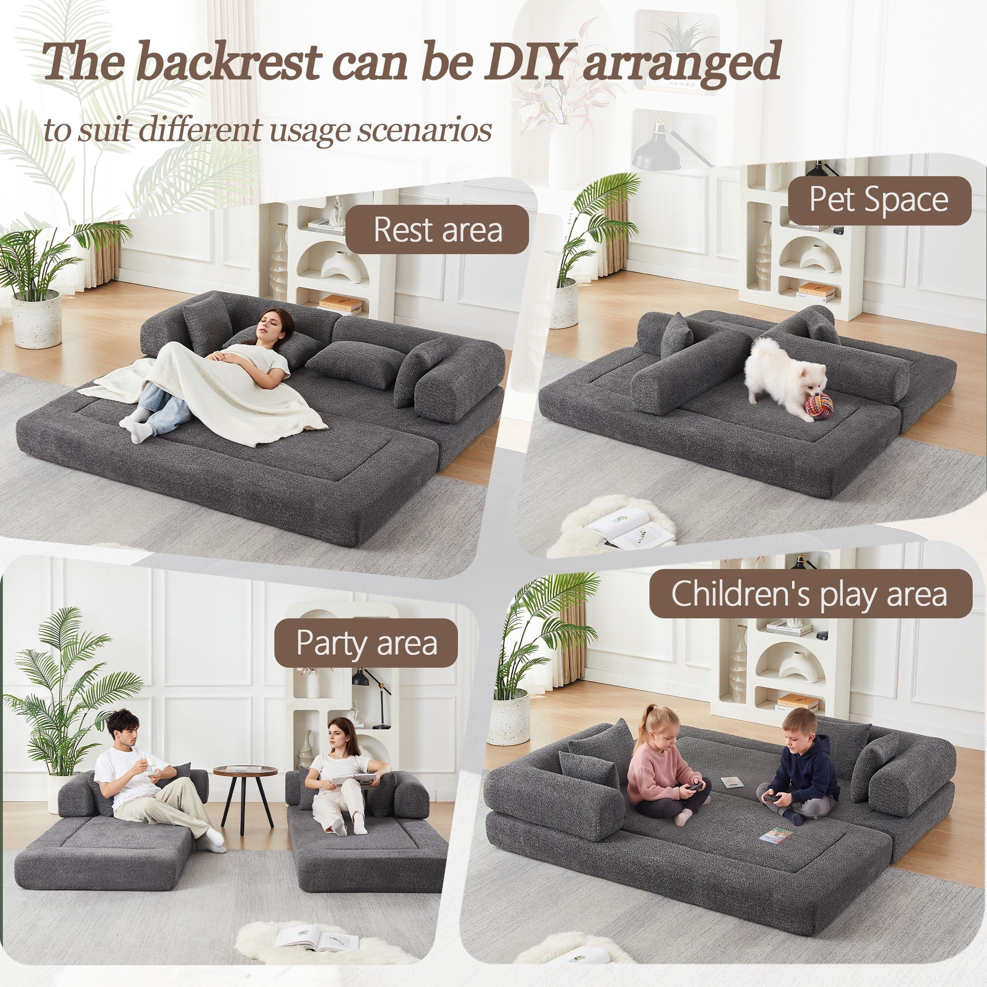 Sailvan 78.9" Convertible Sleeper Sofa, Modular Chenille Folding Mattress Sofa Bed with 4 Pillows, No Assembly Floor Lounge for Living Room Grey