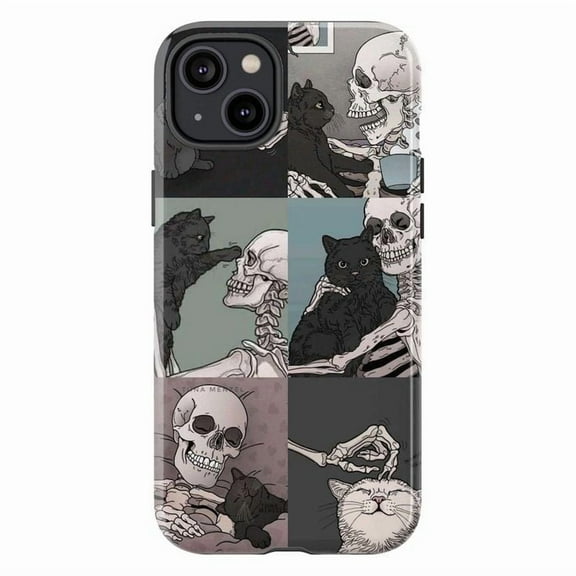 Gothic Skeleton & Black Cat Collage Phone Case, Whimsical Dark Humor Aesthetic, Durable Protective Phone Cover for iPhone 16 15 14 13 12 11 Mini Pro Max