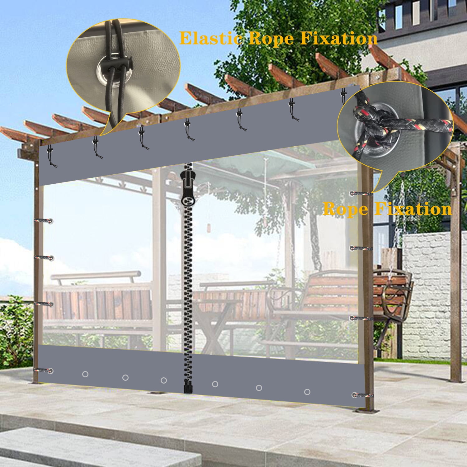 3x2m Clear PVC Outdoor Curtain Waterproof Transparent Patio Panel Windproof UV-Resistant Tarp for Pergola/Gazebo/Porch