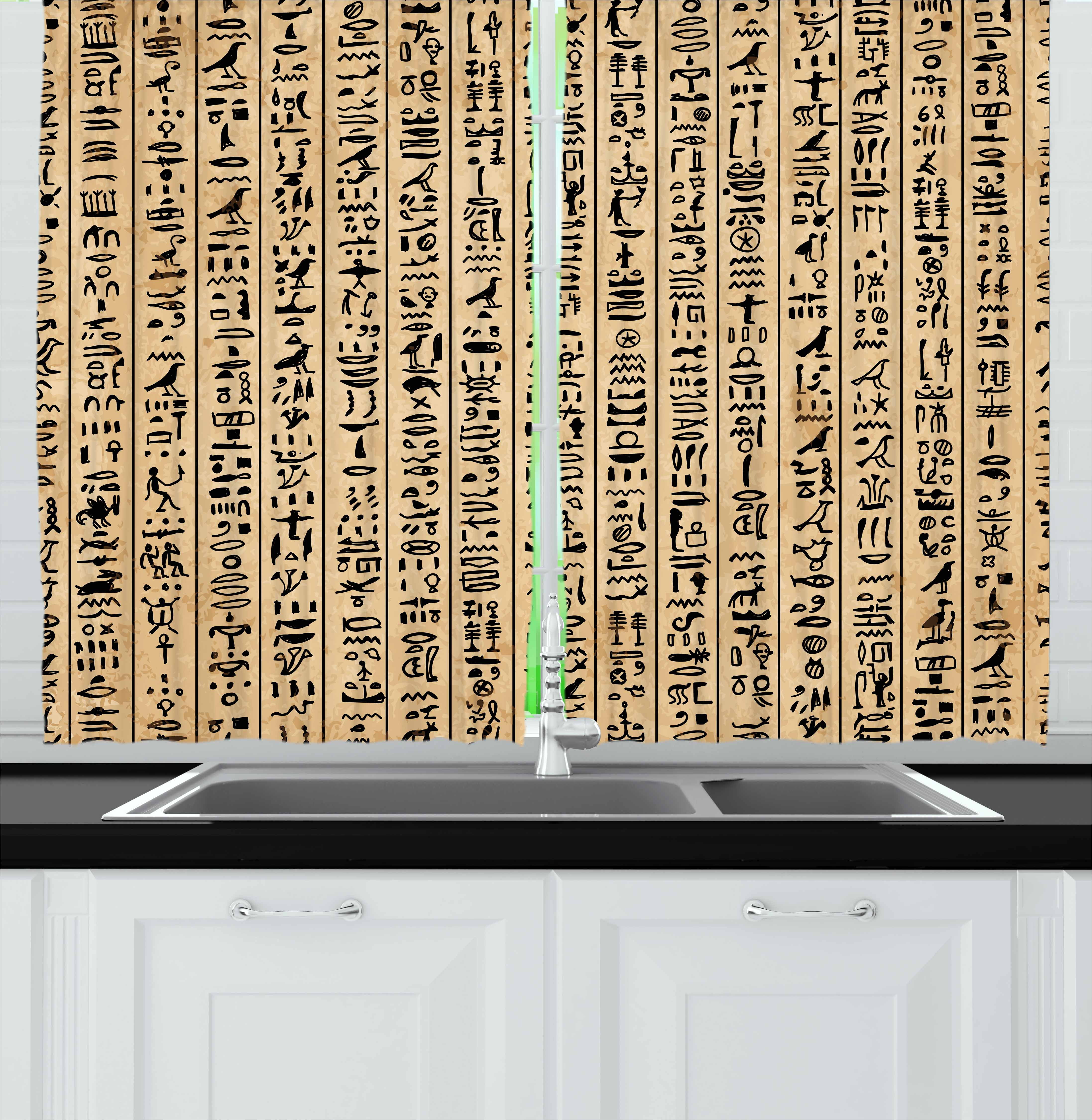 Egyptian Curtains 2 Panels Set, Ancient Hieroglyphs Grunge Pattern on