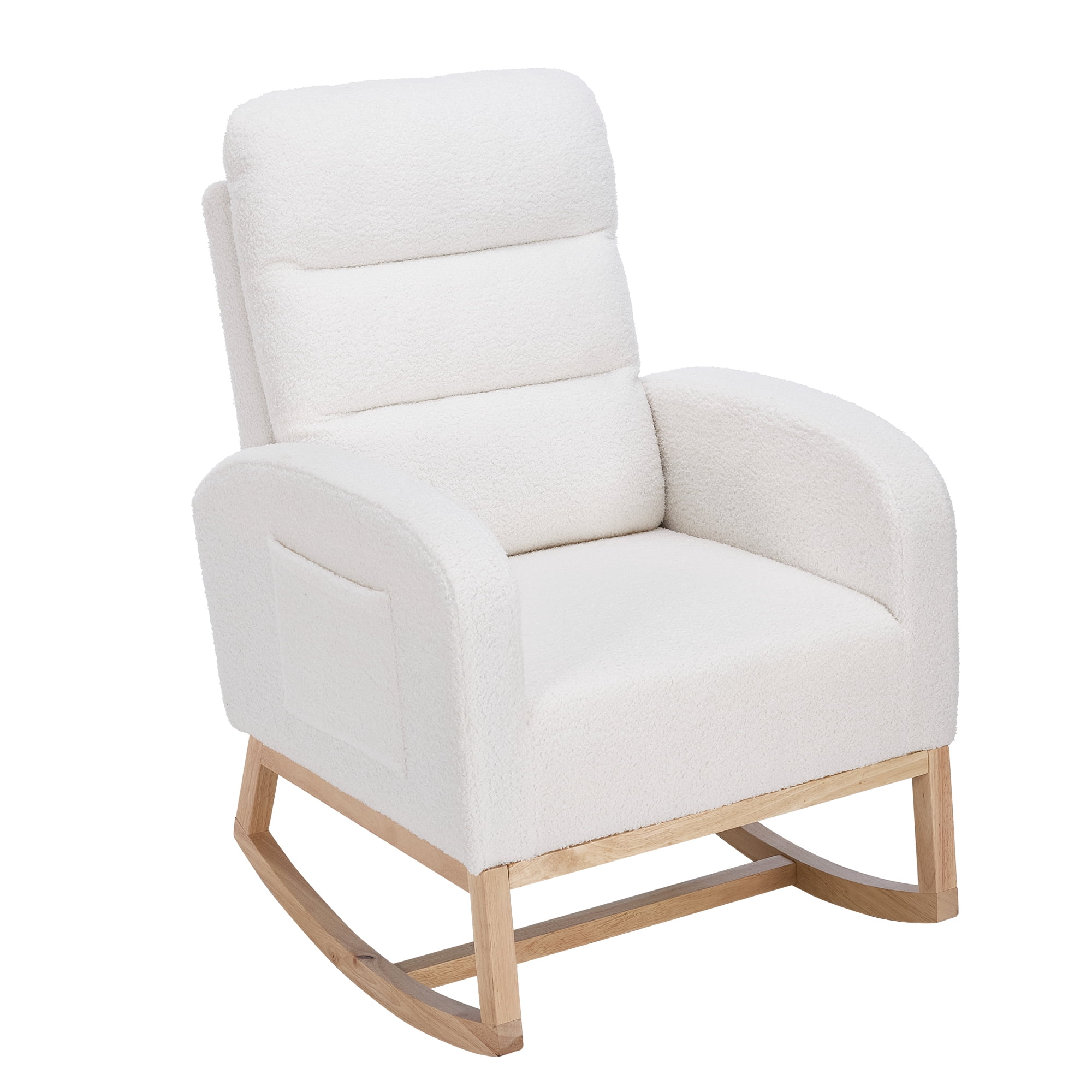 Nursery Rocking Chair. Upholstered Glider with Side Pocket & Wood Legs – Ergonomic High Back Rocker for Living Room. Nursery or Bedroom – Beige