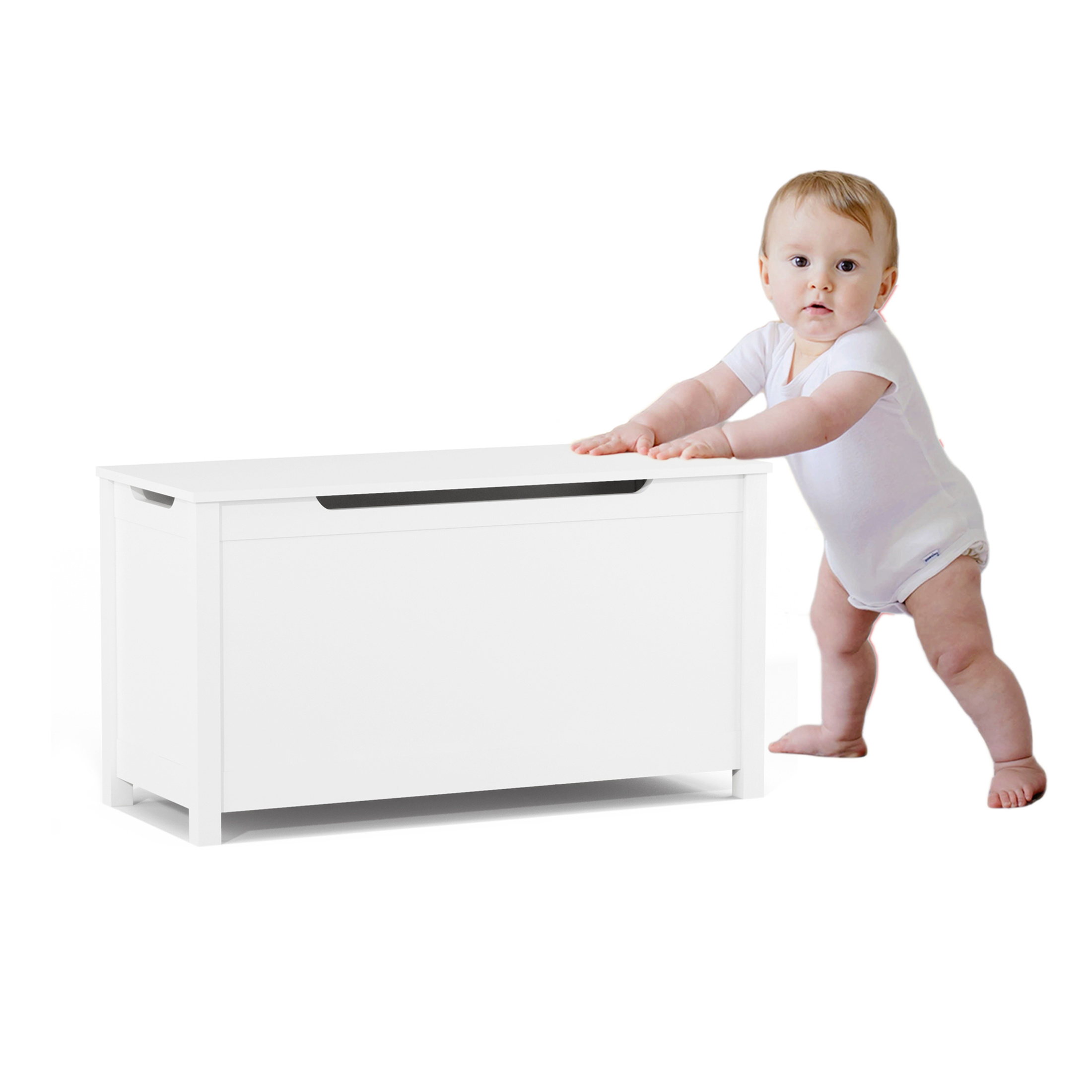 White Kids Toy Box Storage with Safety Hinged Lid, Multi-Use Wooden Storage Bench for Toys, Books, and Clothes, for Ages 2 and Up