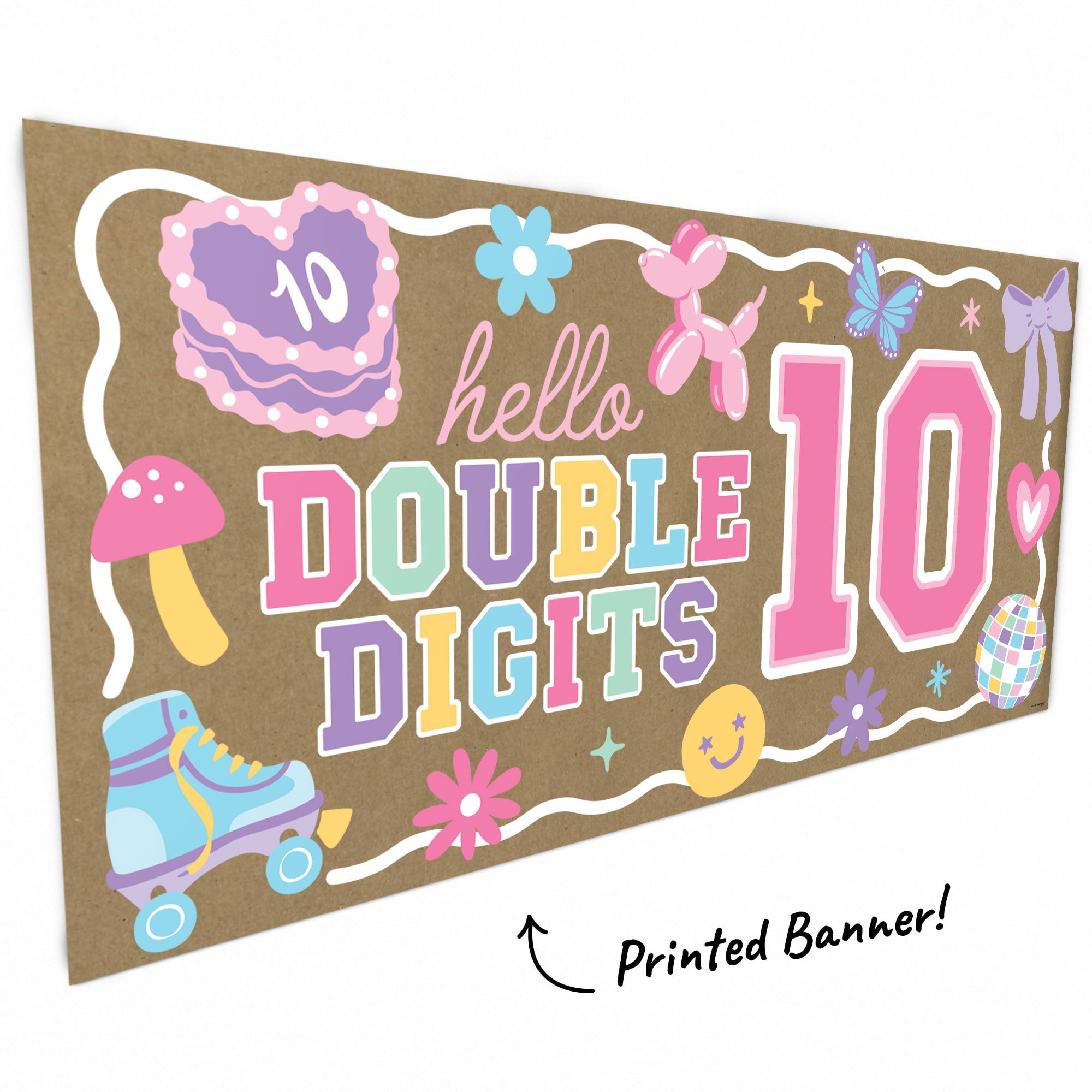 Big Dot of Happiness Preppy 10th Birthday Girl Kraft Paper Banner, Hello Double Digits Pastel Birthday Party Welcome Banner, Printed Brown Paper Party Sign Decoration – 1 Count