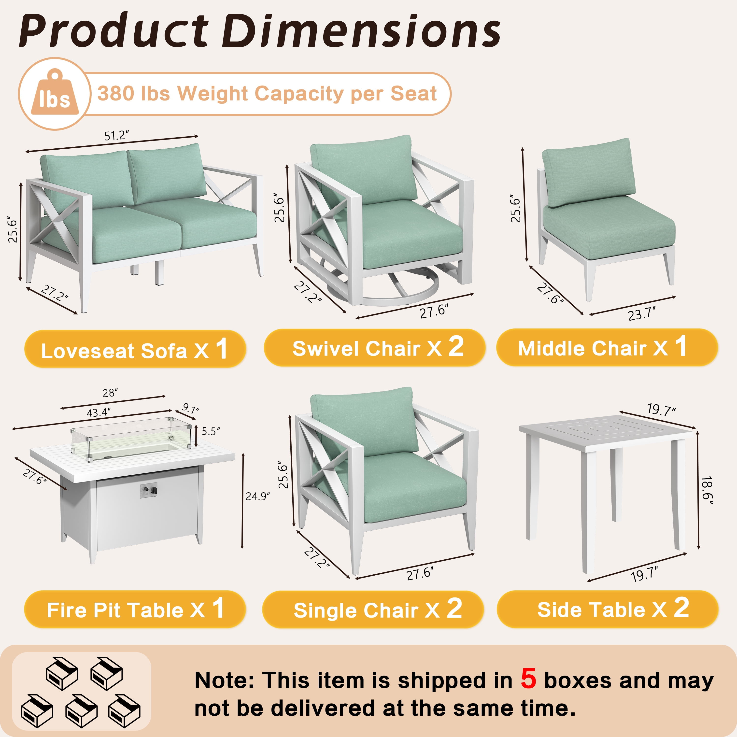 MBY 9-Piece Aluminum Patio Furniture Set with Fire Pit Table, All-Weather Outdoor Conversation Set with Swivel Rocking Chairs, Modern Sofa for Backyard,Deck,Balcony–White