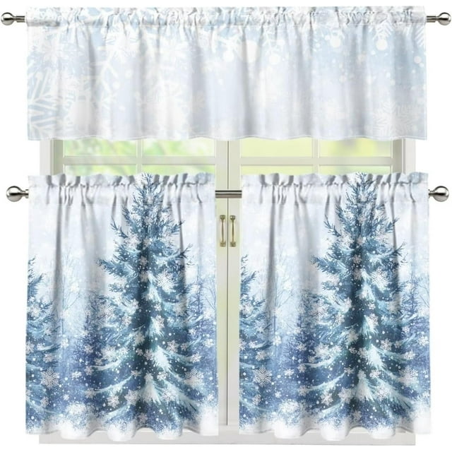 Snow Scene Kitchen Curtains and Valances Set 36 Inches Long, Christmas Windows Treatment Rod Pocket Curtains Short Curtain for Kitchen Cafe Living Room