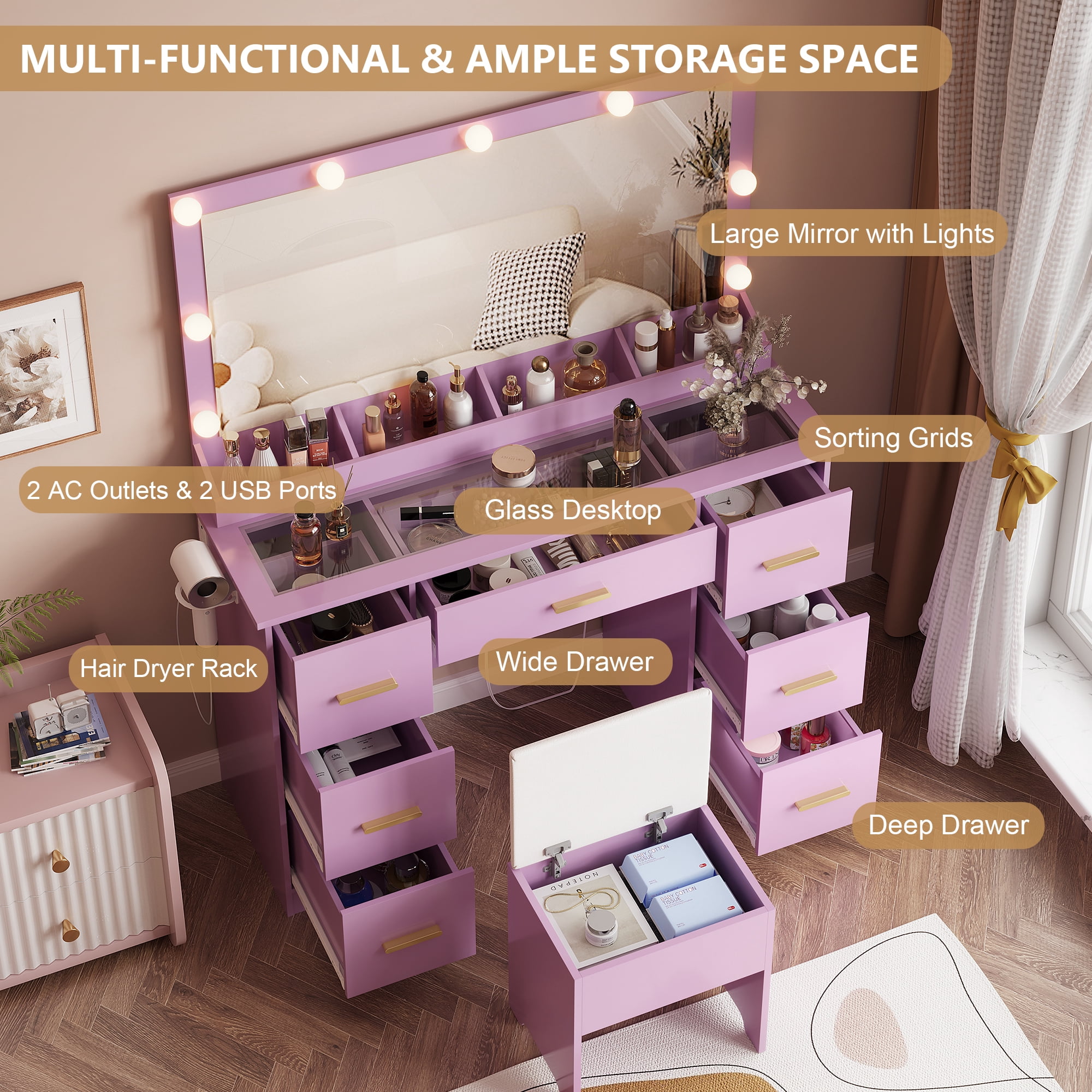 Vanity Desk with 38" Large Mirror and 9 LED Lights & Glass Top and Power Outlet, Adults Makeup Vanity with Chair and 7 Storage Drawers, Dressing Table Set for Bedroom, Modern Purple