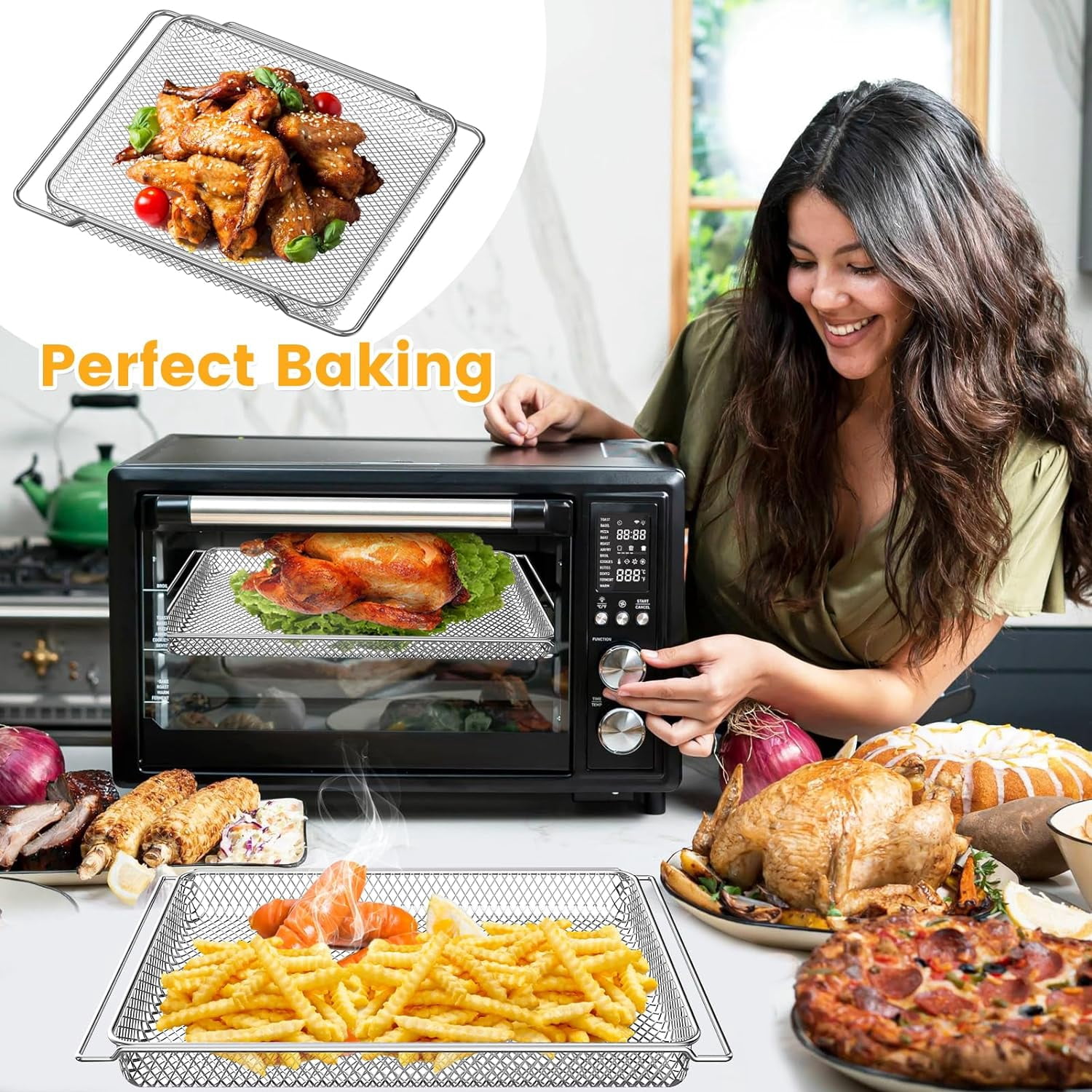Air Fryer Basket Replacement for COSORI CO130-AO 12 in 1 CS130-CFH CS130-AO 13 in 1 32Qt Toaster Oven Combo, 14.17 * 11.81''Air Fryer Steel Basket Wire Rack Accessories Parts, Dishwasher Safe