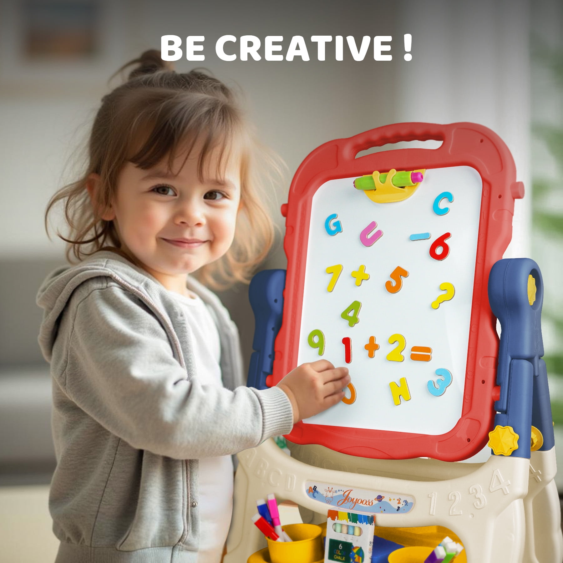 Joyooss Kids Easel, Adjustable Standing Art Easel for Toddler, Double Magnetic Drawing Board with Painting Accessories, Birthday Christmas Gift for Little Boys and Girls, Middle Size Blue