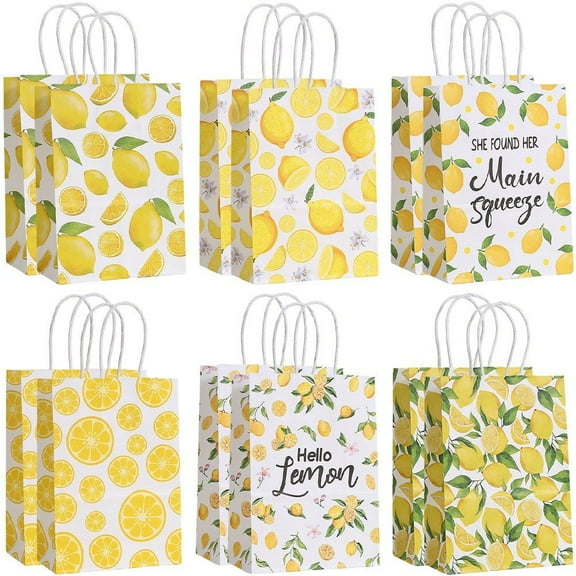 12Pcs Lemon Gift Bags with Handle, Yellow Gift Bags Kraft Paper Gift Bags Candy Treat Goodie Pouches Bridal Shower Bag for Baby Shower & Wedding