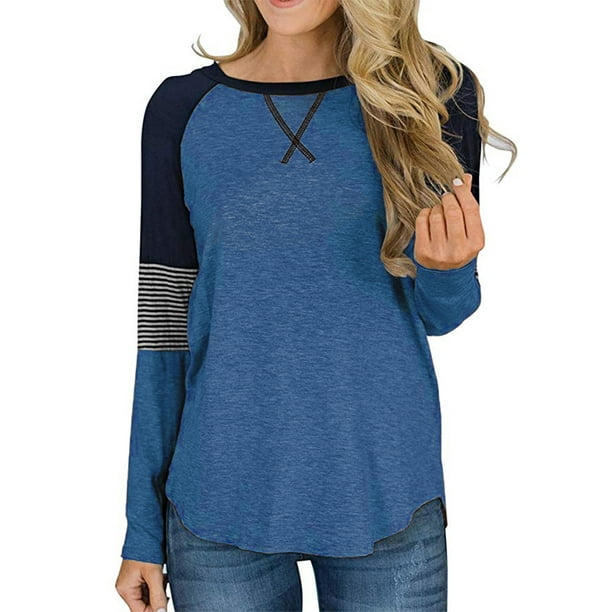 VISgogo Mujer Casual Patchwork Camiseta, Otoño e Invierno Rayas Manga Larga Cuello Redondo Jersey VISgogo moda