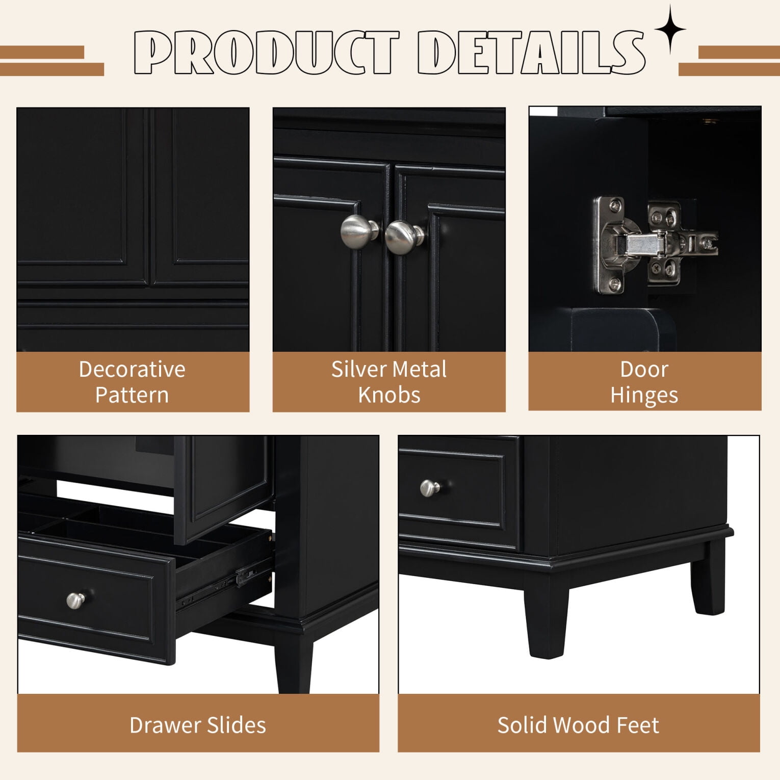 30" Bathroom Vanity with Sink Combo, Multi-functional Bathroom Cabinet with Doors and Drawer, Solid Frame and MDF Board, Black