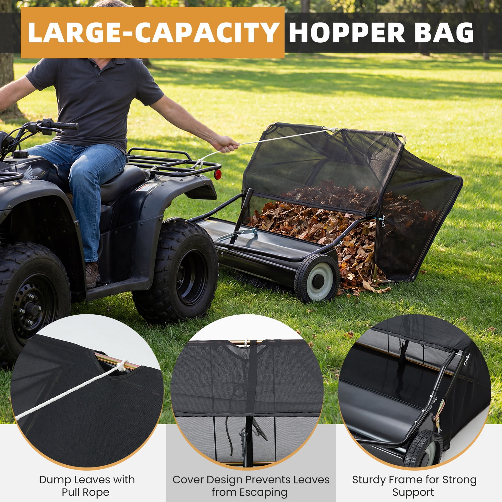 JFHID 42-Inch Tow-Behind Lawn Sweeper with14 Cu.Ft Large Hopper Pull Behind Grass & Leaf Collector for Yard