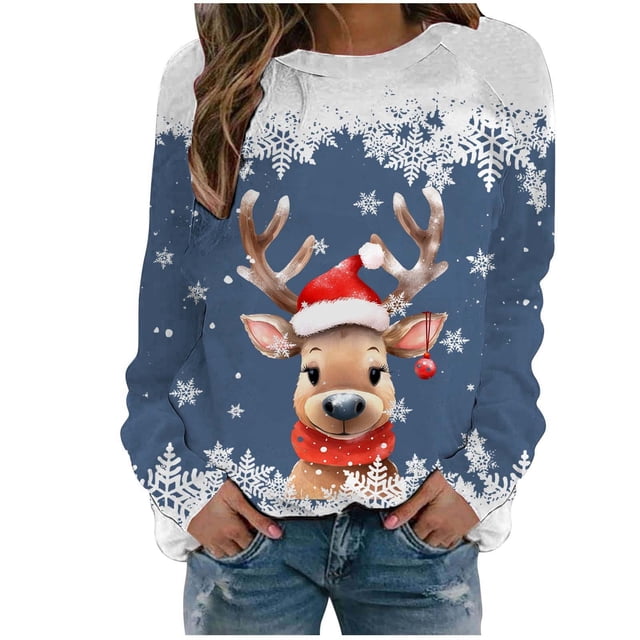 Chandails à Capuchon pour Femmes d'Automne et d'Hiver par Temps Froid Femmes Noël Flocon de Neige Animal Imprimé Chandail 4X Femmes Col Rond Épaule Long Adulte Petit Chandail à Capuchon à Manches Chandail de Sport Décontracté
