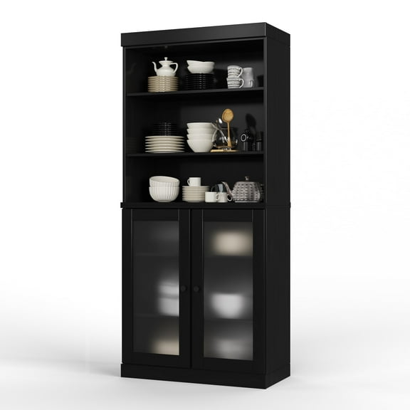 Palace Imports 100% Solid Wood 32" Pantry Cabinet with Frosted Glass Doors and Adjustable Shelves, Black