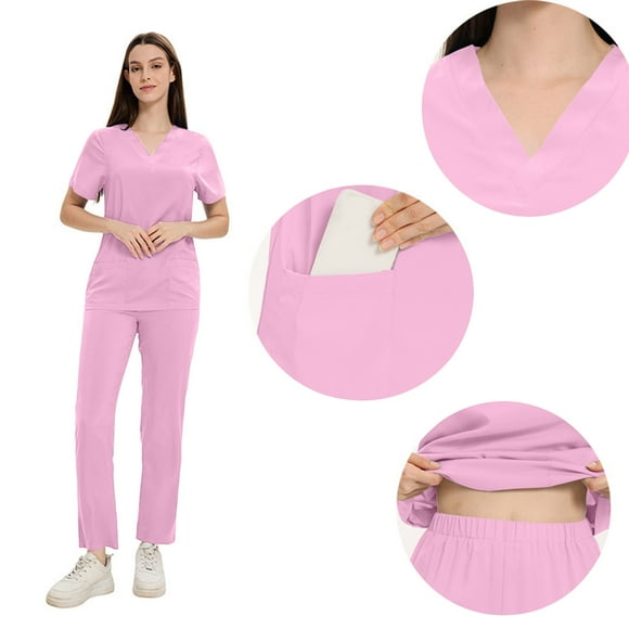 Xfvqtps Scrubs Set for Women V-Neck Short Sleeve Stretch Scrub Top and Elastic Waist Jogger Pants Solid Color Pocket Anti Wrinkle Soft Nursing Uniform Set Working Uniform Set Pink