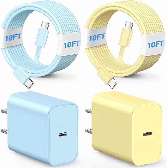 xixishop USB C Fast Charger, 2 Pack 20W USB C Wall Charger Block, 10FT 60W Long Charging Cable Cord, Phone Fast Charger for Phone 17/16/16Pro/16Pro Max/15/15 Plus/15 Pro/15 Pro Max-Blue and Yellow